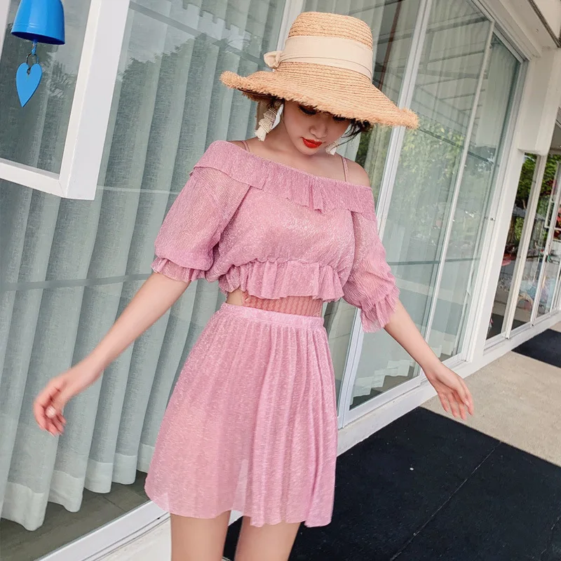 

South Korea Split Type GIRL'S Bathing Suit Women's Two-Piece Set Small Bust Gathering Conservative Belly Covering Small Fragrant