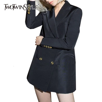 

TWOTWINSTYLE Elegant Black Women's Blazer Notched Long Sleeve Double Breasted Straight Female Suit Fashion Autumn New 2020