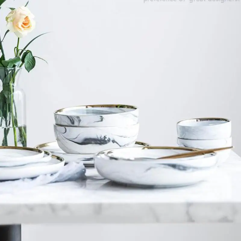 Посуда керамическая Европейская Золотая оправа серый мрамор Бытовая миска для риса тарелка блюдо миски