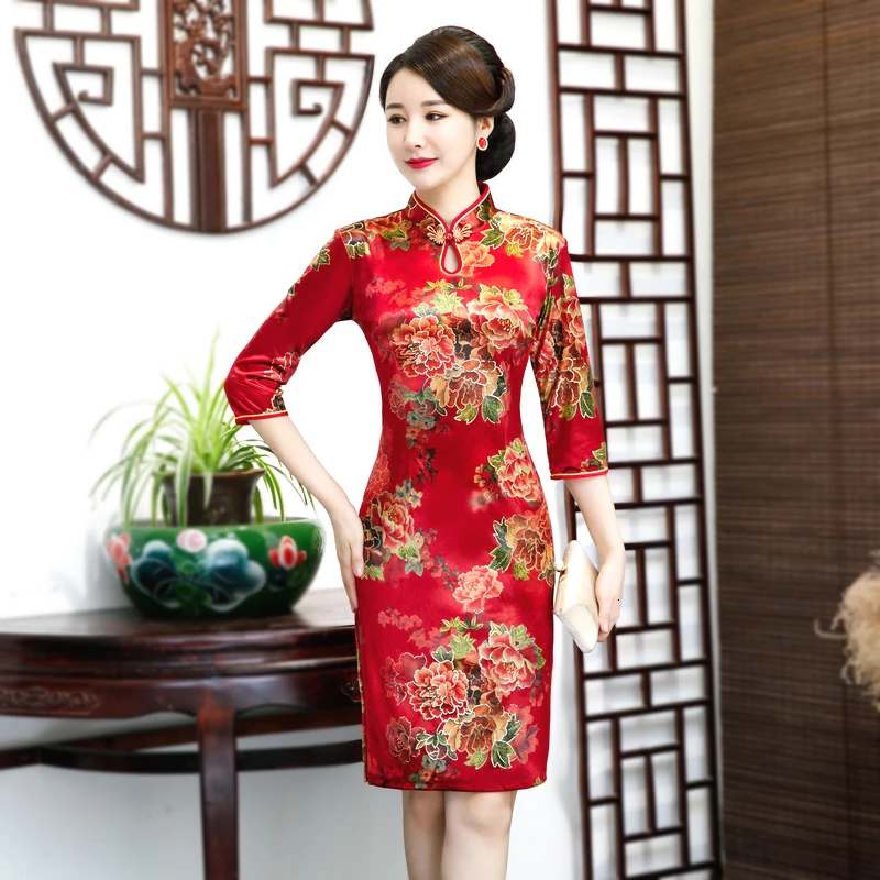 Vestidos chinos de Cheongsam con estampado de Qipao corto rojo de talla  grande y 4XL con gotitas de agua con cuello chino Vintage|Qipaos| -  AliExpress
