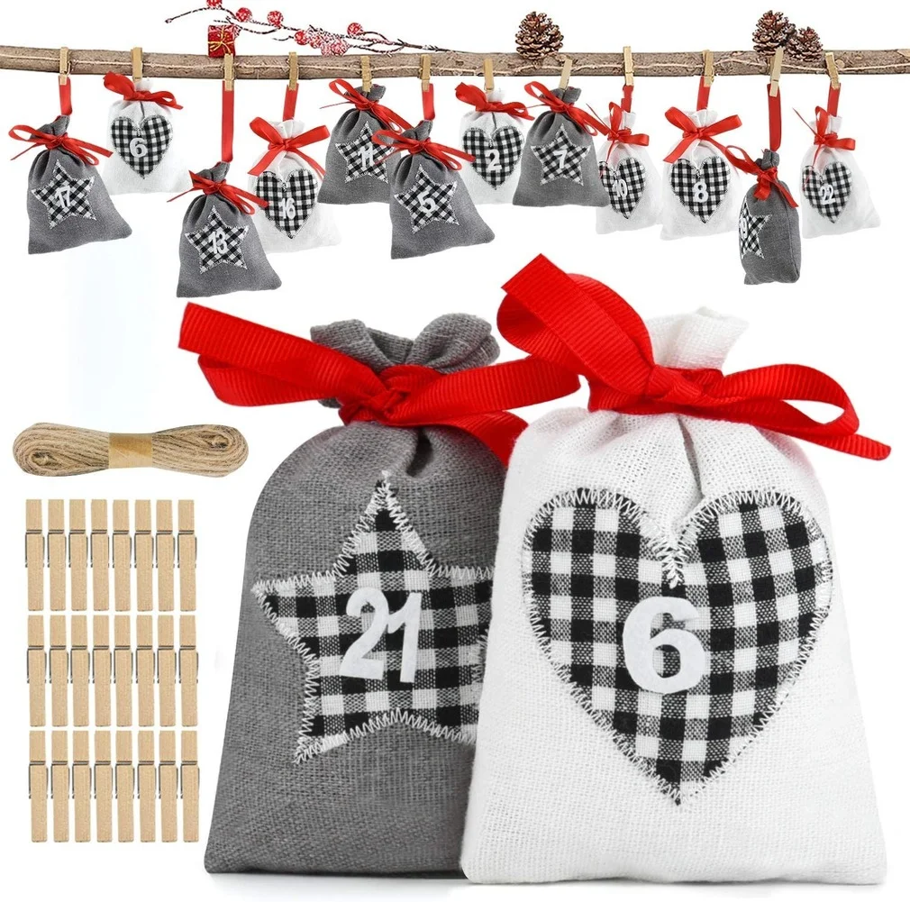 bolsas para manualidades 24 unidades de calendario de Adviento para rellenar bolsas de tela hombres y niños cuerdas de yute y cáñamo pinzas de madera bolsa de regalo de Navidad con números 