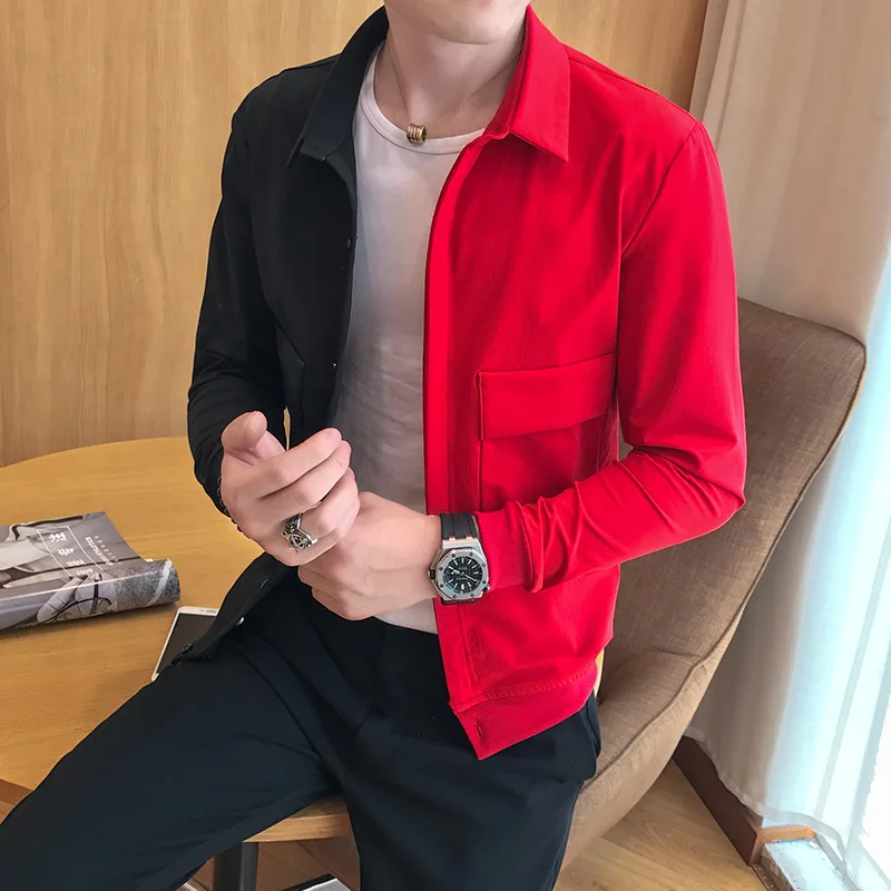 

Men's clothes Red and black stitching lapel jacket tide Korean casual slim cardigan jacket men's clothing men jacket