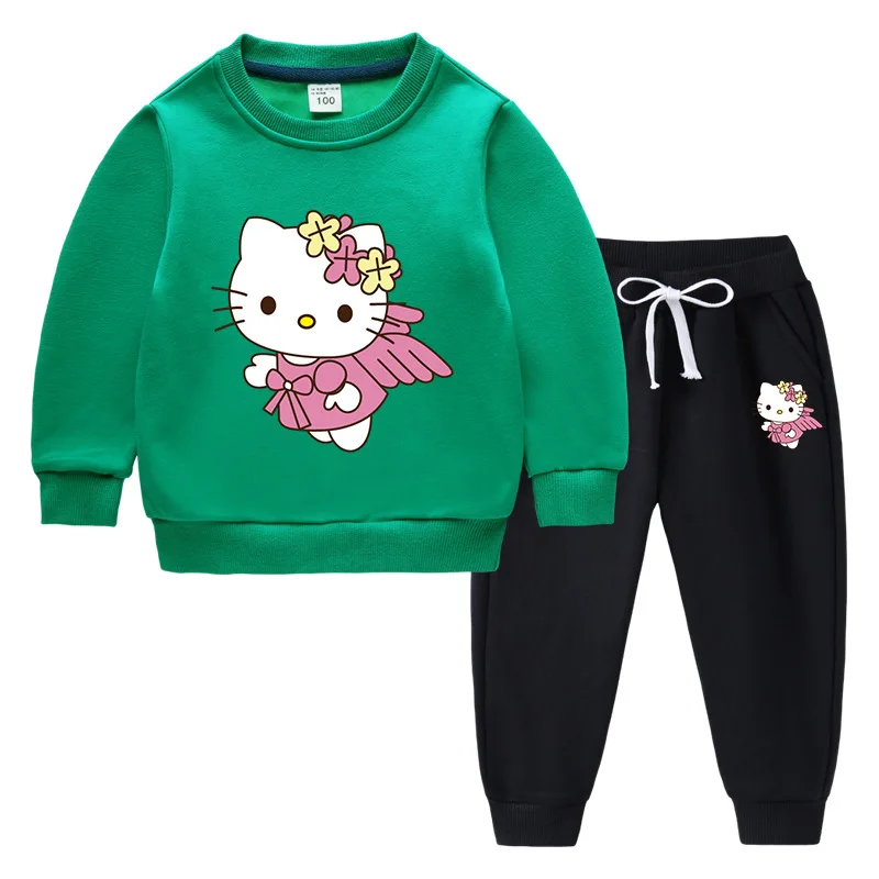 thumbnail image 1 of Hello Kitty estampado de dibujos animados niños más suéter de terciopelo pantalones gruesos cálidos para niños y niñas traje de manga larga de invierno para niños, 1 of 5