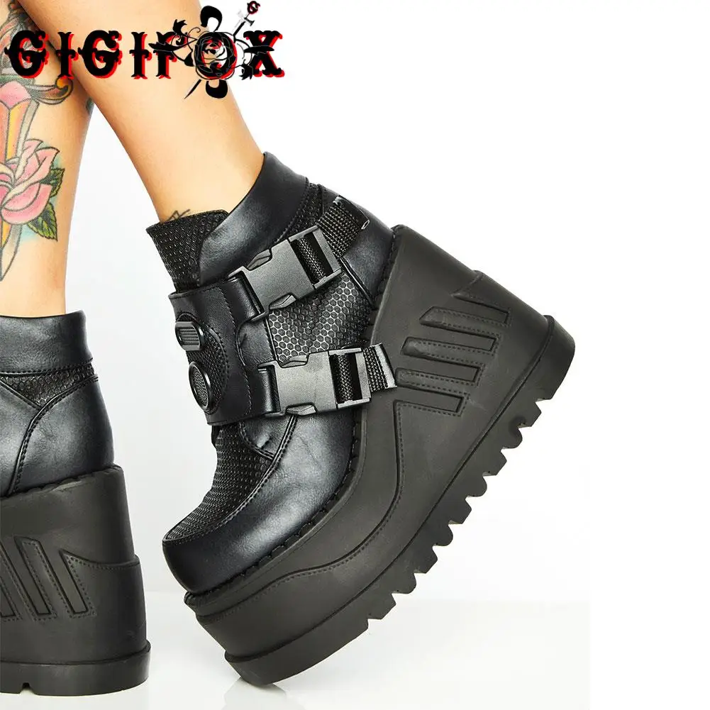 Big Size 43 Brand Design Steet Cool Fashion Black Gothic Style Girls High Heels Wedges Shoes Woman Platform Casual Ankle Boots | Обувь