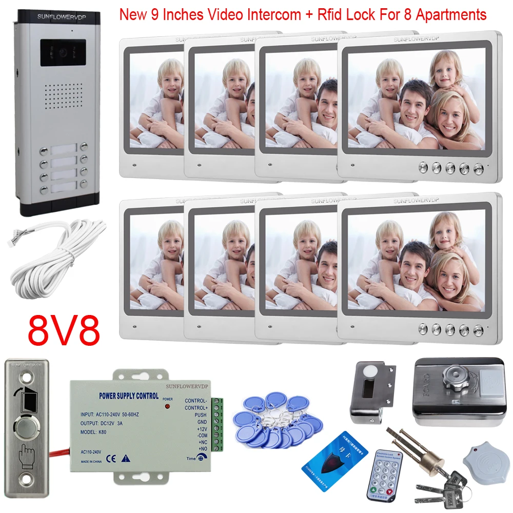 SF520-V90S-RF-8V8 " домофон с Камера 8/10/12 Multi квартиры домофон с Rfid Карты Электронный Замок Двери Домашней Безопасности Системы блок - Цвет: SF520-V90S-RF-8V8