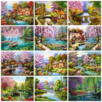 

HUACAN Full Square Diamond Painting Garden Cross Stitch Diamond Embroidery Landscape Cherry Blossoms Mosaic House Decor For Home