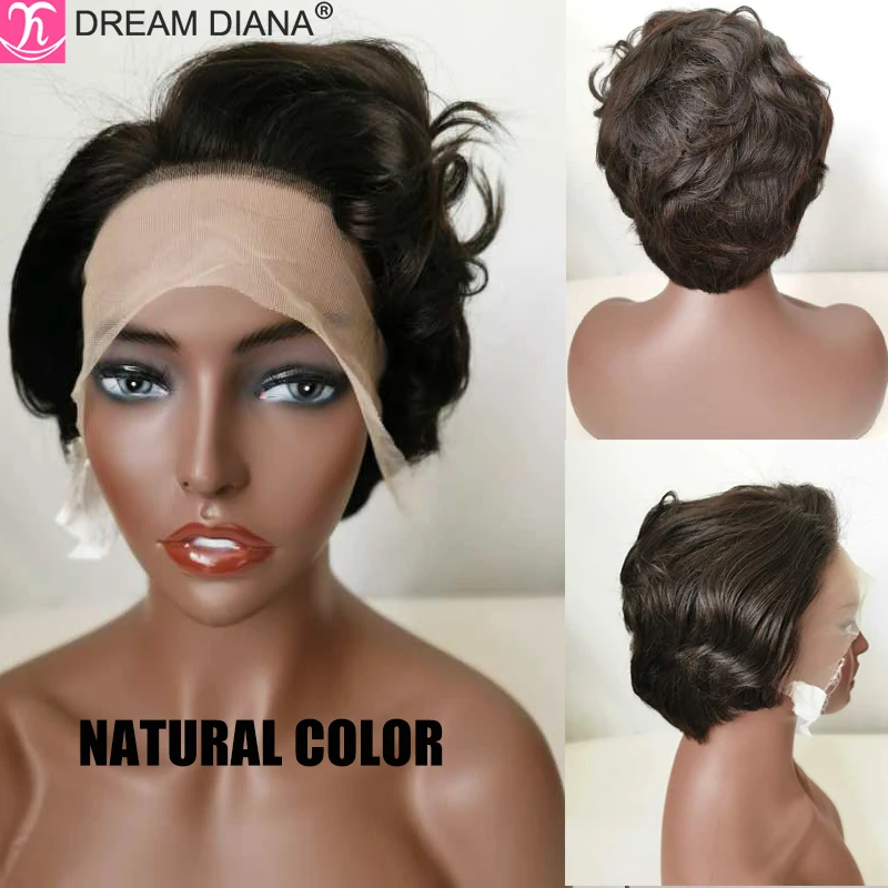 DreamDianan 100% Human Hair Wigs 8" Short Pixie Cut Curly Hair Lace Front Wig Ombre 13X4 Lace Frontal Human Water Wavy Wigs