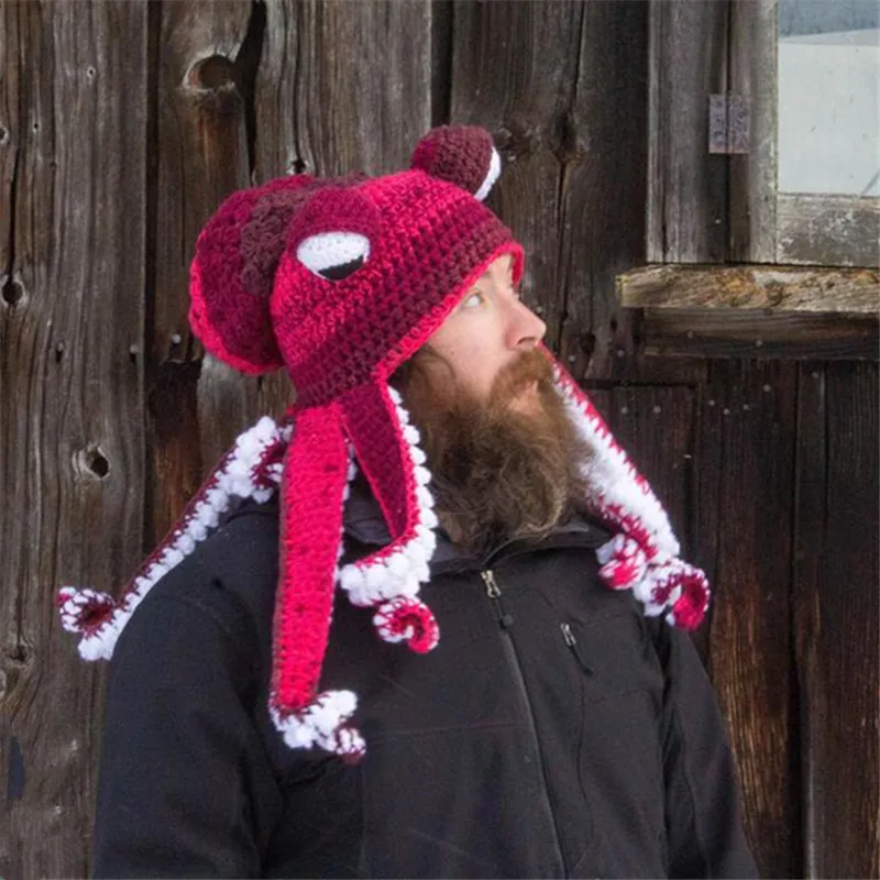 thumbnail image 1 of Gorros de lana tejidos a mano con forma de pulpo para hombre, gorros divertidos y divertidos para fiestas de disfraces de Navidad, gorros cálidos para parejas para invierno, 1 of 5