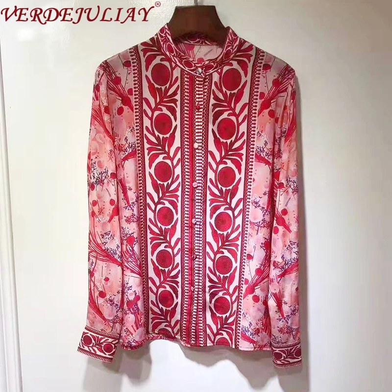 

VERDEJULIAY High Quality Pure Slik Double Crepe Casual Blouse Women Stand Collar Vintage Design Wine Elegant Floral Print Shirt