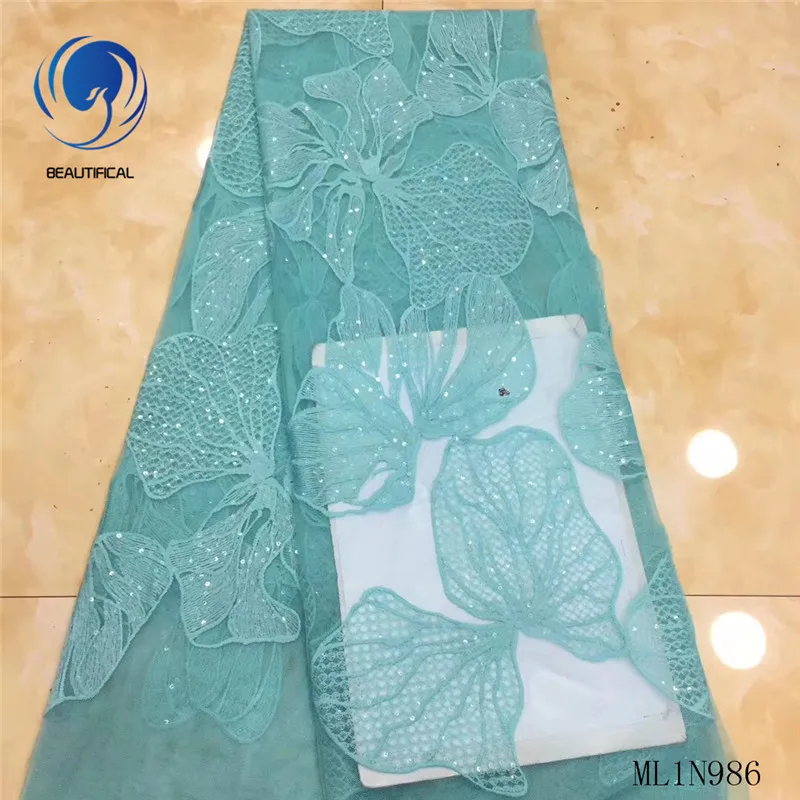 

Beautifical african lace fabrics net lace embroidery sequins fabric Fashion style nigerian lace with sequins 5yards ML1N986