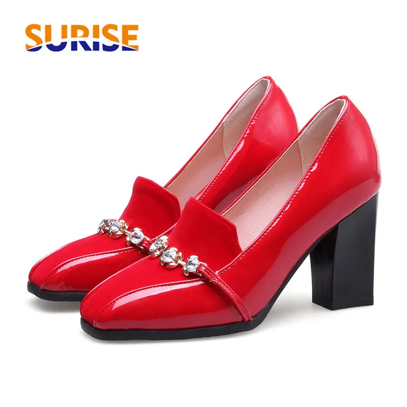

Big Size Rhinestone Chain Woman Pumps High Chunky Block Heel Square Toe Loafers Red Black Patent Leather Flock Casual Lady Shoes