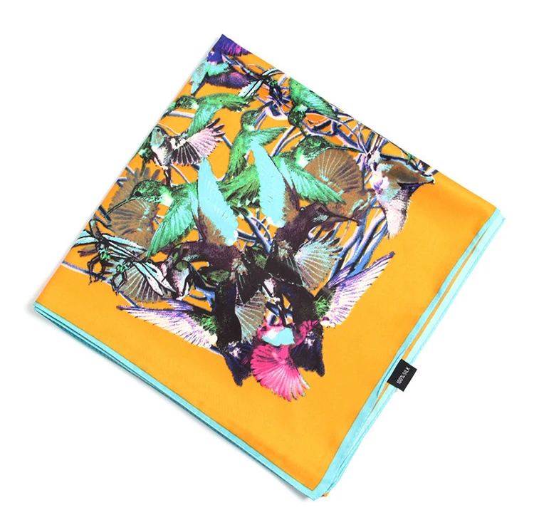Женский шарф для путешествий с изображением птиц, пашмины, шаль, хиджаб, Femme Soie, платок-бандана, большой квадратный саржевый шелковый шарф 130 130 см