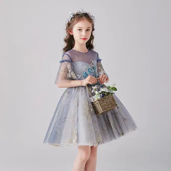 

3~13T Baby Kids Elegant Appliques flowers Birthday Ceremony Holiday Party Princess Fluffy Dress Children Teens Host Dress Cloth