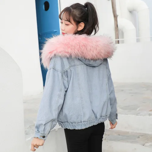 Pink fur and liner Джинсовая куртка, Женское зимнее пальто, одноцветные теплые толстовки, базовые куртки, верхняя одежда, повседневные женские пальто, куртки с капюшоном, женские пальто, модные - Цвет: Pink fur and liner