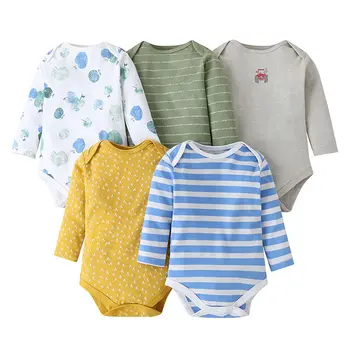 

Newborn Baby Boys Girls Unisex Long Sleeve O-Neck Cartoon Printed Striped Autumn Clothes Romper 5Pcs Set