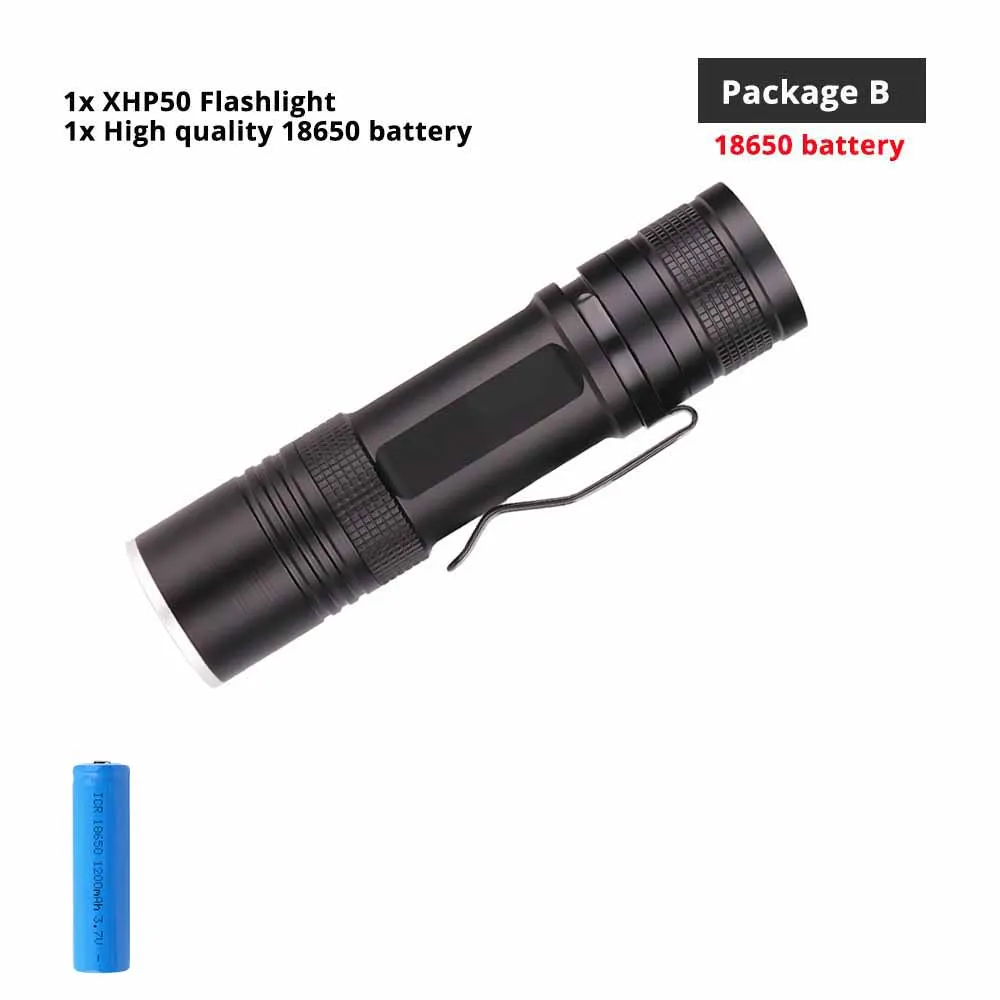 Package B-18650 Powerful XHP50 LED Flashlight USB Charging 3 Lighting Mode Waterproof Tactical Torch Support Zoom Using 18650 or 26650 Battery - Испускаемый цвет: Package B-18650