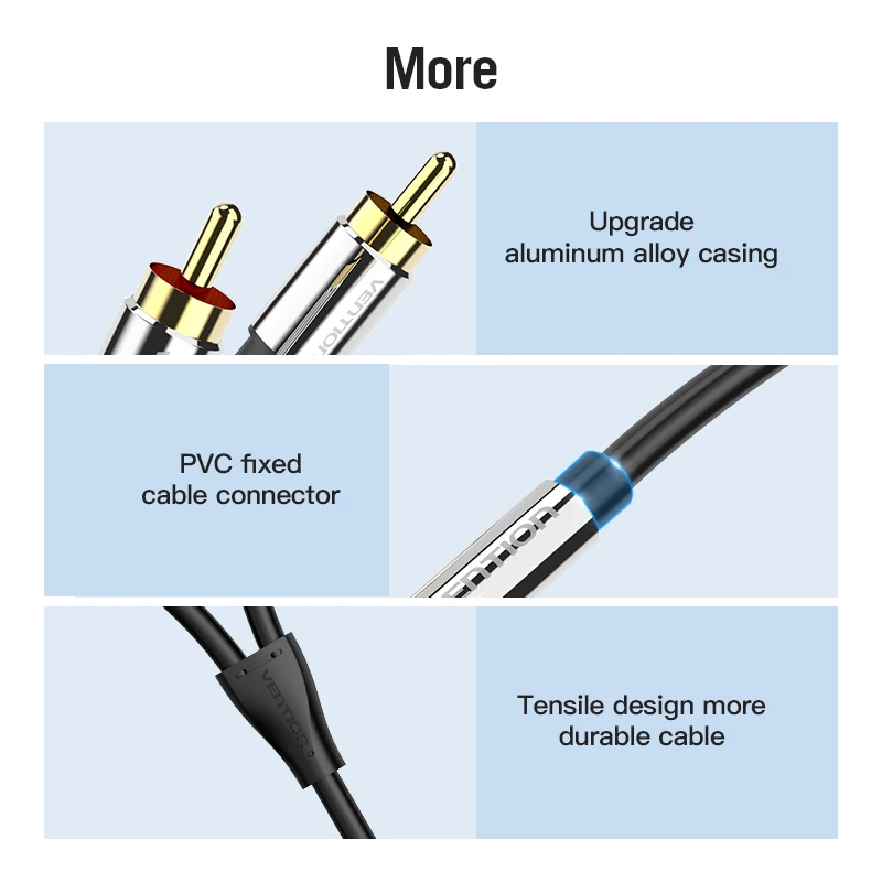 Vention RCA 케이블, 3.5mm 2rca Aux rca 잭 3.5 오디오 스테레오 케이블, 스마트폰 앰프, 홈 시어터 DVD 2 rca AUX 케이블