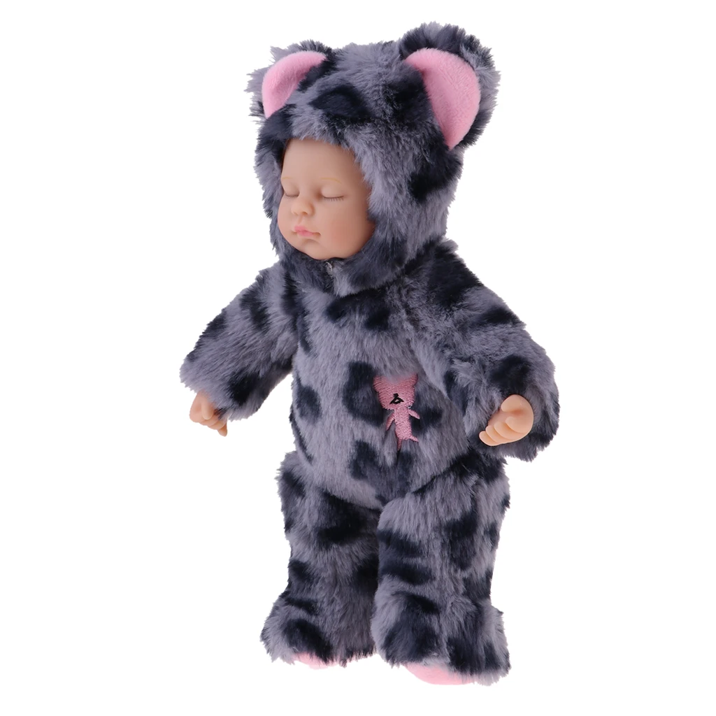 25cm Leopard Print Simulation Reborn Baby Closed Eyes Lifelike Silicone Educational Toys for Girls Sleeping Doll (Dark Gray)