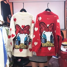 Осень и зима мультфильм Дональд Дак блесток ленты свободный толстый женский свитер Свободный Повседневный модный кардиган длинное пальто для женщин