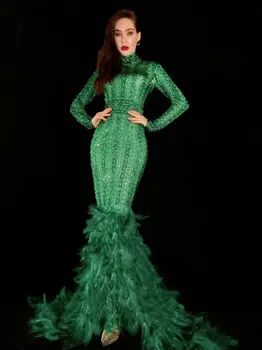 

sparkly Feathers Sequin Mermaid maxi dress green tight dance turtleneck long sleeve for women sexy birthday rave festival custom