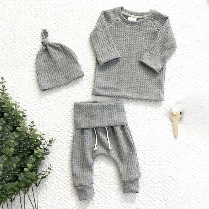 Autumn Winter Waffle Baby Outfit Neutral Baby Girls Boys Long Sleeve Clothes Pant Beanies Soft Home Outfit Ropa Bebe 3pcs/set Baby Clothing Set for girl