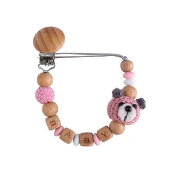 

Personalized Name Pink Crochet Dog Beech Wooden Pacifier Clips Chain Baby Dummy Clips Holder
