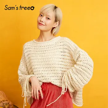 

SAM'S TREE Solid Cut Out Pullover Women Sweaters 2019 Autumn Long Lace Up Sleeve Loose Casual Daily Office Ladies Tops
