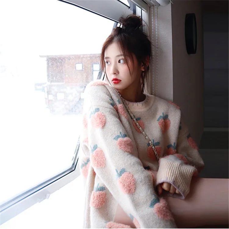Pink Strawberry Mohair Jacquard Sweater Women 2020 Winter New Loose Sweet Lazy Wind Sweater Women Pink Strawberry Mohair Jacquard Sweater Women 2020 Winter New Loose Sweet Lazy Wind Sweater Women