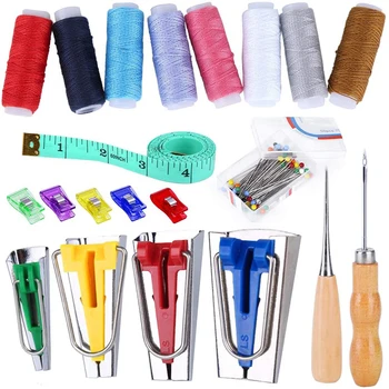 

LMDZ Bias Tape Tool Kit with Instruction, 4 Sizes Bias Tape Maker, Bias Folder with 8 Color Sewing Thread, Sewing Clips