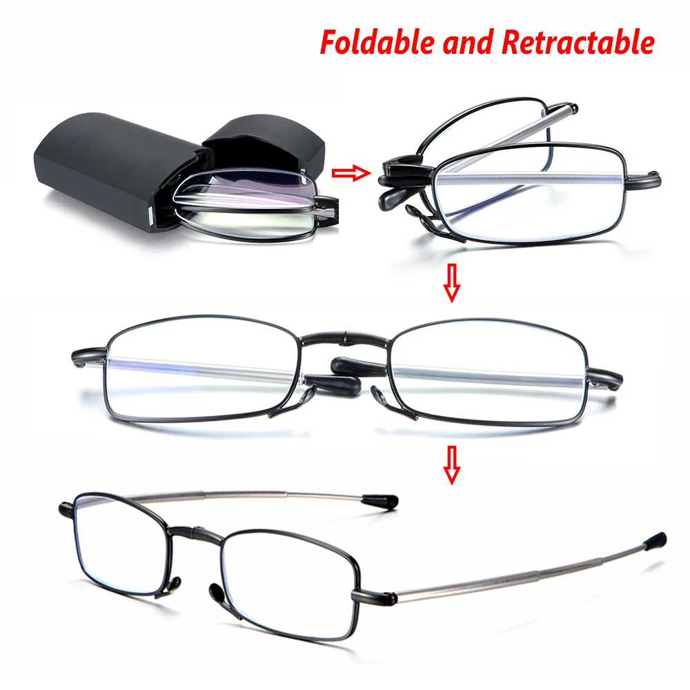 Hot Fashion Mini Design Reading Glasses Men Women Folding Small Glasses Frame Black Metal Glasses With Original Box Portable 4