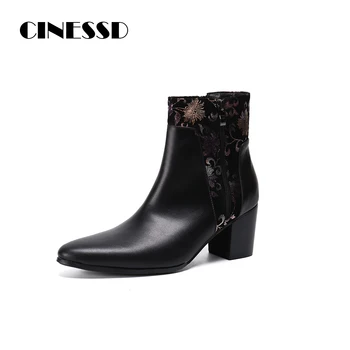 

Man Boots Genuine Leather Nice Pattern Zipper Outside Waterproof Pointed End Little Heel Soft Wedding Gentleman Male Shoes