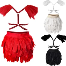 Топ с перьями и эполетом, эластичная мини-юбка трапециевидной формы, Модный комплект нижнего белья для тела, готический Фетиш, танец, Рейв для женщин