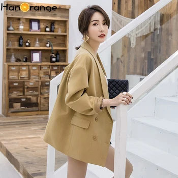 

Shawl Collar Drop Shoulder Long Blazer Jacket 2020 Autumn Loose Casual Outwear Coat Double Breasted Yellow Small Suit Female