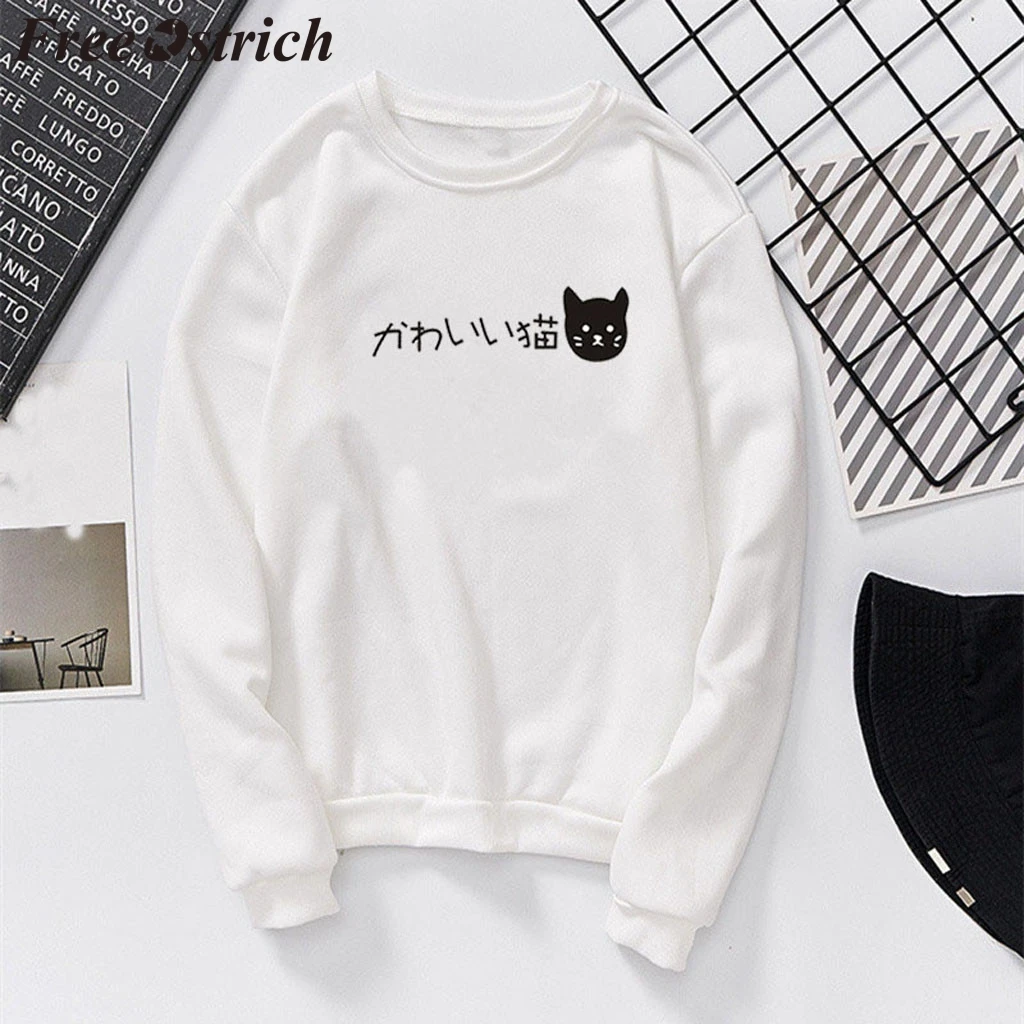

FREE OSTRICH Sweater Women Japanese Alphabet Cat Print O-Neck Solid Color Popular Autumn And Winter Sweaters Women Invierno 2019