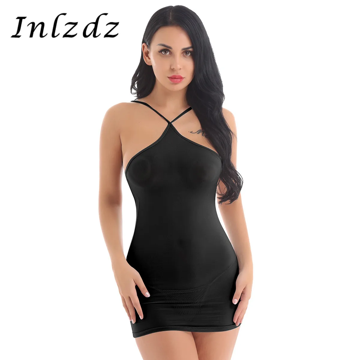 

Women Lingerie Dress Backless Full Slips Sheer Hot Mini Babydoll See Through Dress with G-string Briefs See Though Exotic Dress