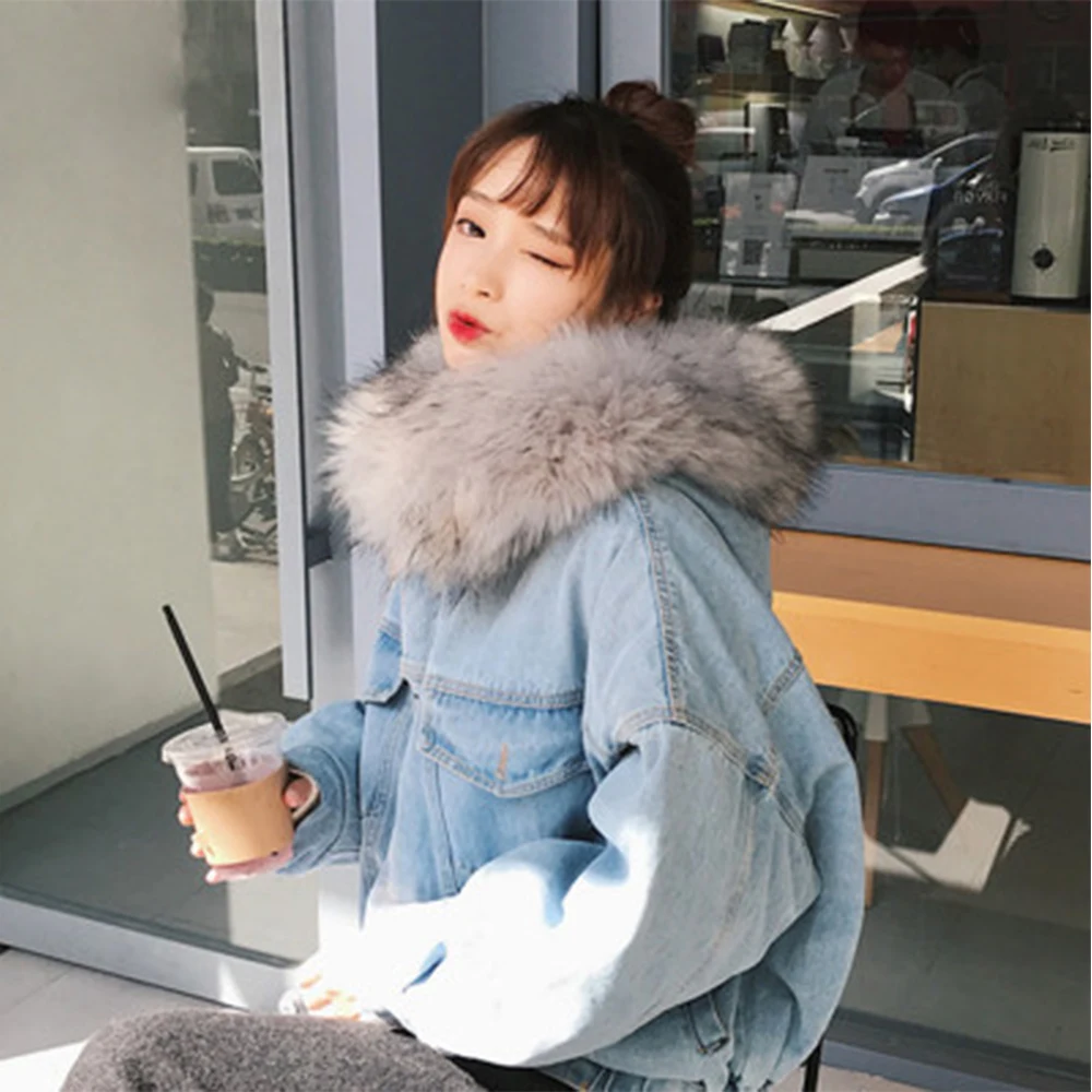 

Velvet Thick Denim Jacket Female 2019 New Winter Big Fur Collar Korean Locomotive Lamb Coat Women Student Short Cowboy Coat