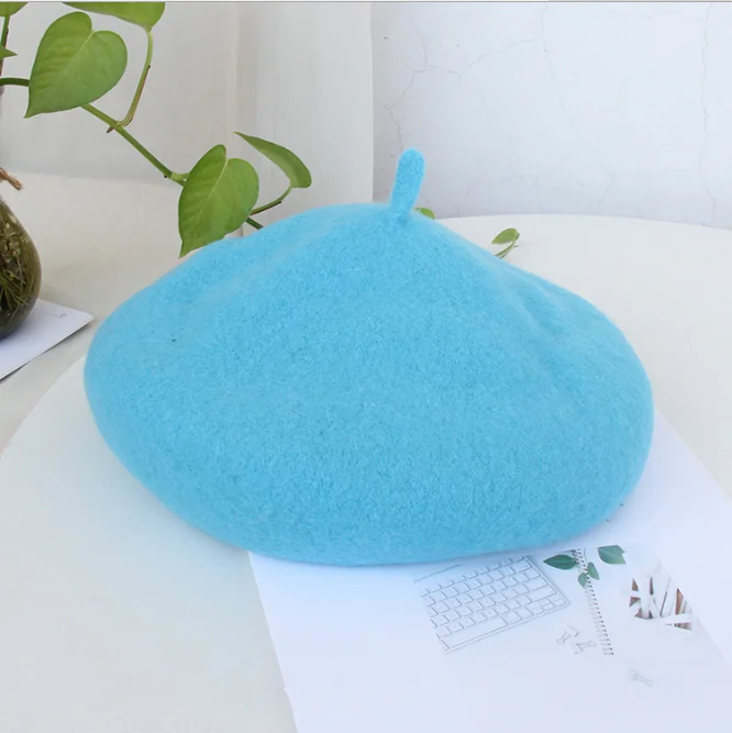 Women wool hat autumn winter thick beret lady autumn winter British painter cap version of the pure color of the bud cap - Цвет: Небесно-голубой