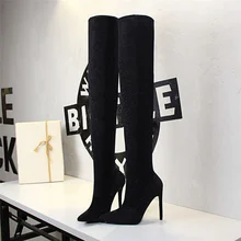 Spring Sexy Women Glitter Over The Knee Boots Winter Bling Thigh Knee High Boots Stiletto Heels Long Sock Boots Party Shoes