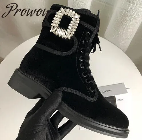 

Prowow New Genuine Leather Crystal Beading Ankle Bootd Suede Leather Lace Up Autumn Winter Dress Boots Shoes Women