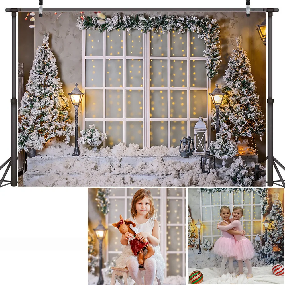 Christmas Window Backdrop Winter Snow Wonderland Birthday Portrait Background Curtain Wreath Christmas Tree Photography Props