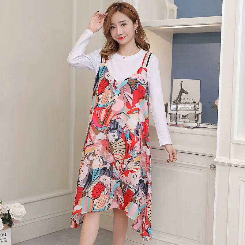 

Fashion Models 2018 New Printing Slip Dress-Two-Piece Set T-shirt Tops Mid-length Autumn Loose-Fit Skirt