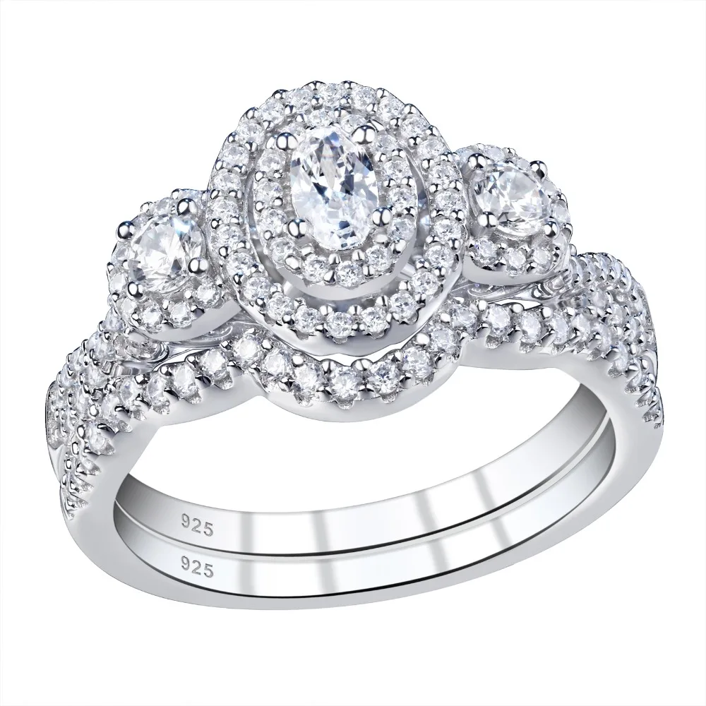 Wuziwen Halo Oval Round Cut AAA Zircon 925 Sterling Silver Wedding Ring Set For Women Engagement Promise Rings Jewelry