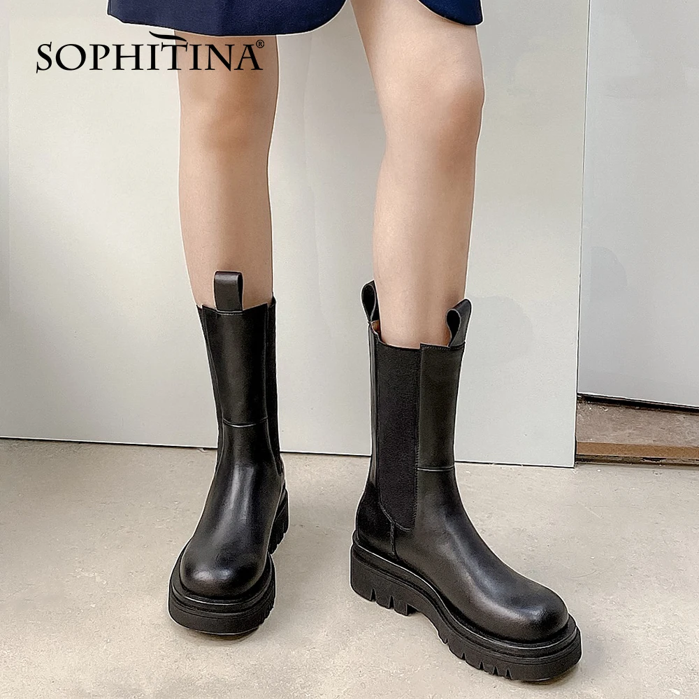 

SOPHITINA Fashion Platform Boots Round Toe High Quality Cow Leather Handmade Shoes Women Anti-skid Chelsea Women' Boots SO563