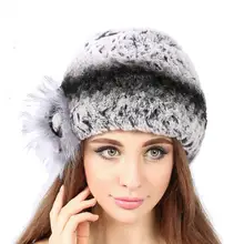 Yiwu свежий модный Рекс Кролик и лисий мех три цветка шапка Настоящий мех кролика вязаная шапка очарование шапки для женщин