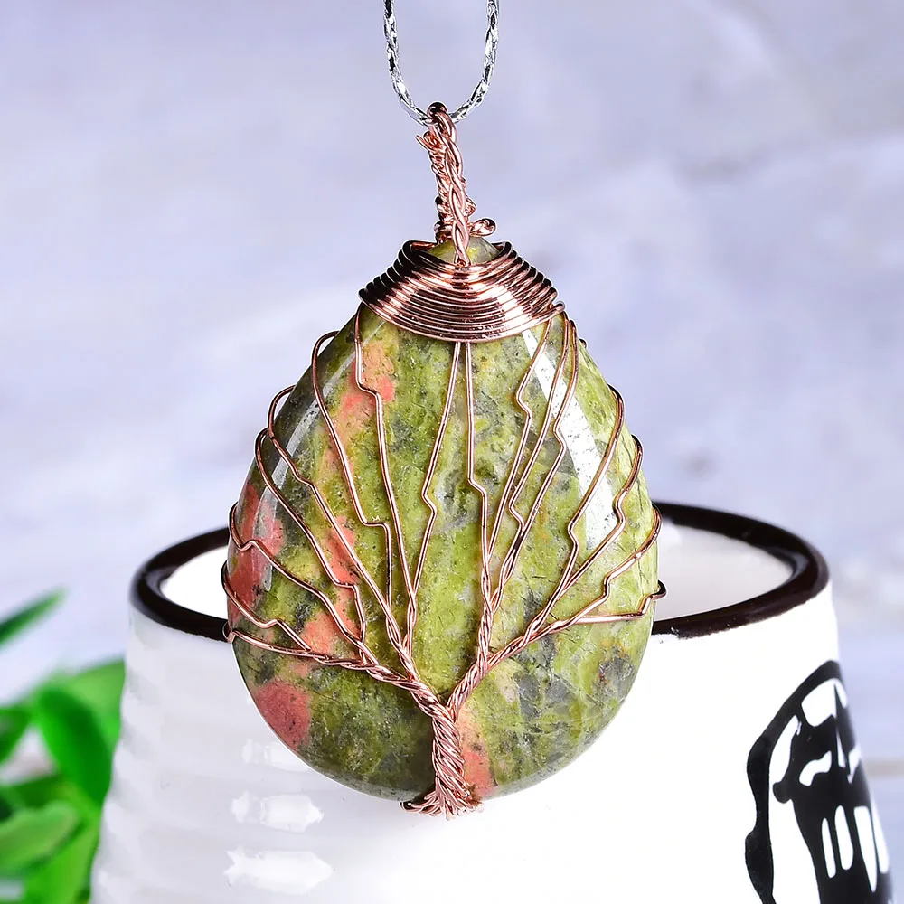 Unakite 1 шт. натуральный кристалл Древо жизни кулон модный простой розовый кварц минеральные ювелирные изделия Аметист для мужчин и женщин ювелирные изделия DIY подарок - Цвет: Unakite