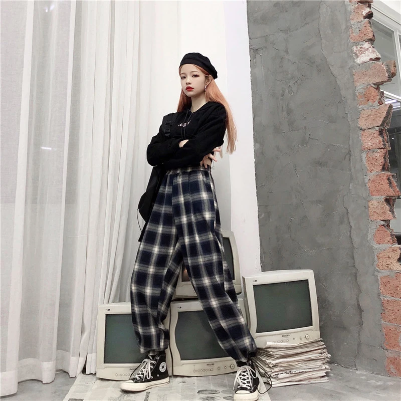 Брюки женские клетчатые с завышенной талией винтажные спортивные джоггеры