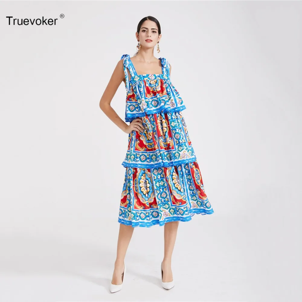 Truevoker Summer Designer Dress Women's Multicolor Porcelain Printed Ruffle Midi Spaghetti Strap Retro Resort | Женская одежда