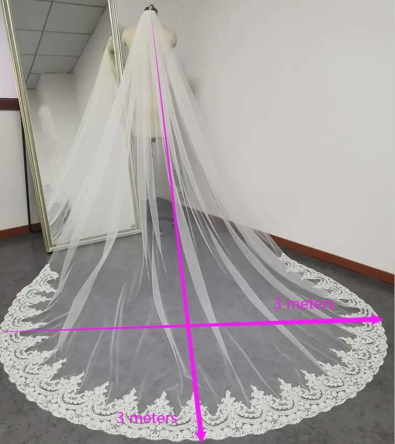 Cathedral Long Wedding Veil with Comb One Tier 3M New White Ivory Bridal Veils 1 Layer Welon for Bride Wedding Accessories