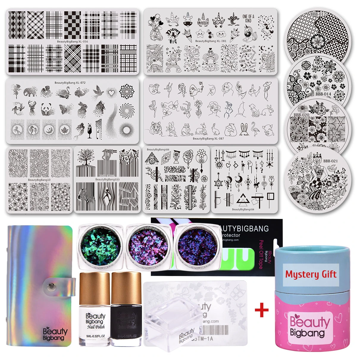 

Beautybigbang 12 Nail Art Stamping Plate Set With 3 Nail Sequins Powder 2 Polish Stamper Sticker Case Mystery Gift Template Set