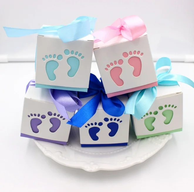

METABLE 50Pcs/set Cute Baby Footprint Laser Cut Out Candy Box Baby Shower Favors Gift Paper Boxes Kids Birthday Party Supplies